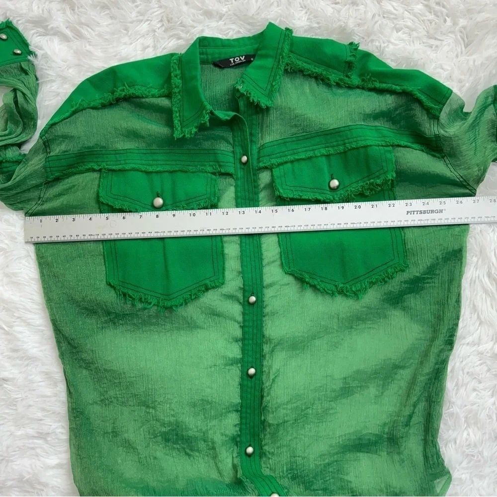 TOV Los Angeles Green Sheer Button-Down Shirt with Frayed Detailing Pockets M - Picture 6 of 9